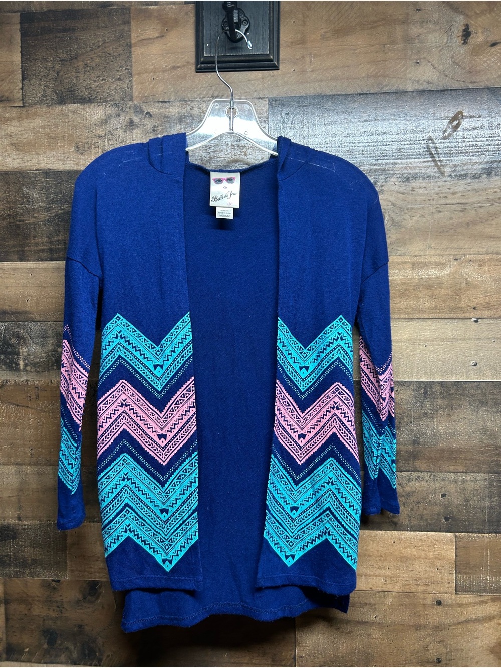 Belle Du Jour Royal Blue Open-Front Cardigan with Teal & Pink Chevron